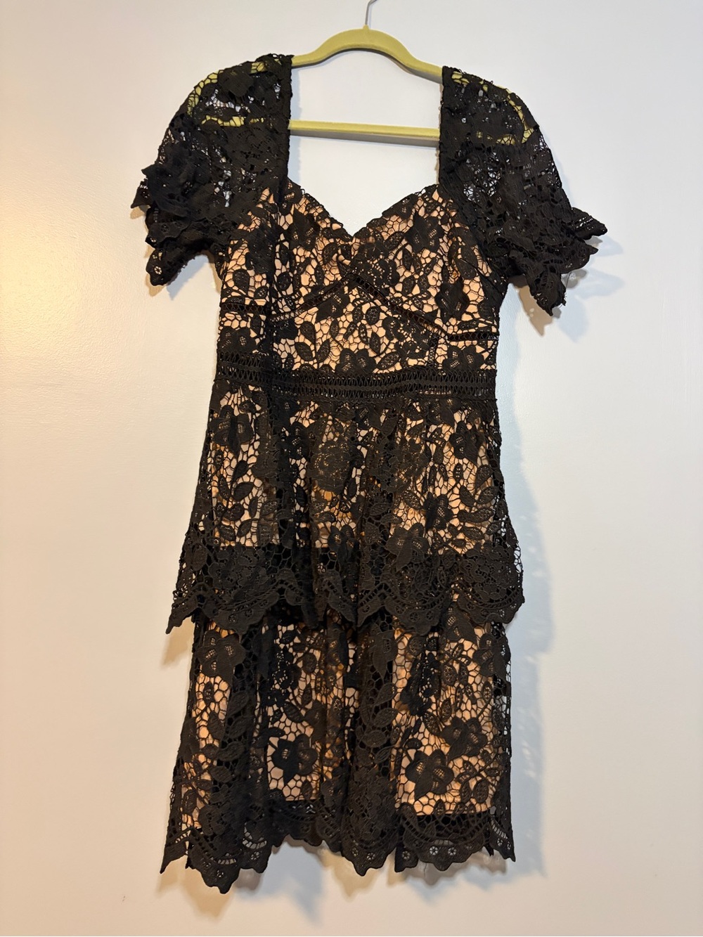 Boohoo Black Lace Tiered Puff Sleeve Dress with Nude Underlay